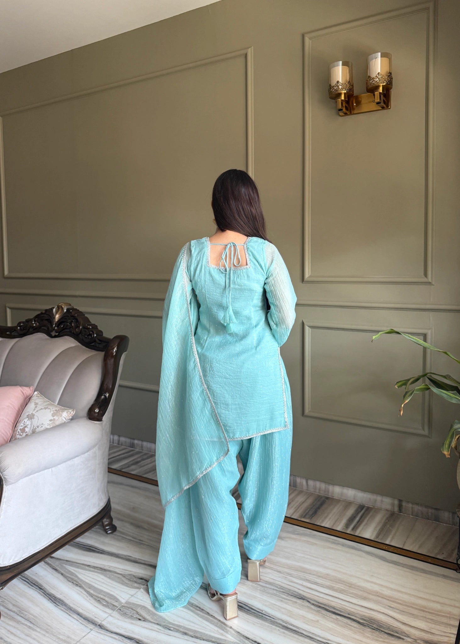 Sky blue suit - U-back with tie-up back view
